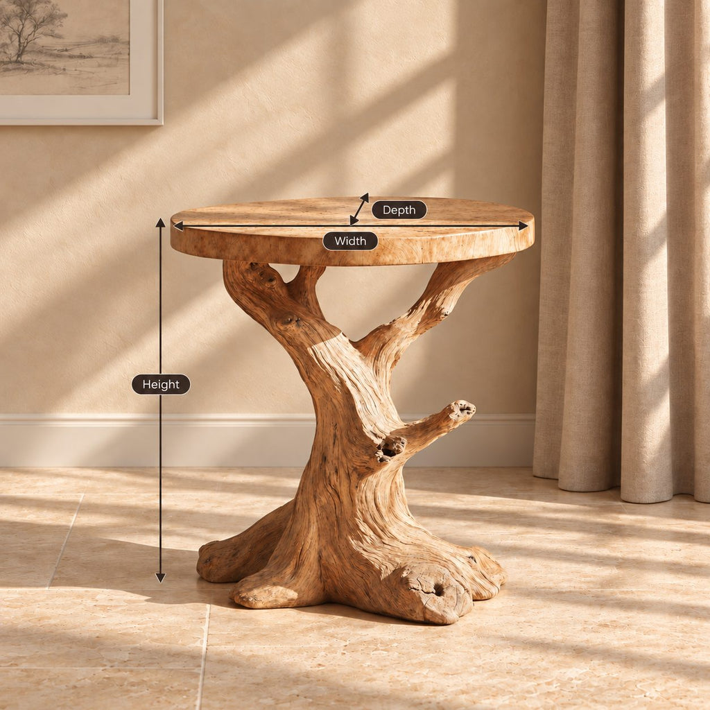 Tree Trunk End Table with Round Top, Natural Branch Solid Wood Side Table for Living Room