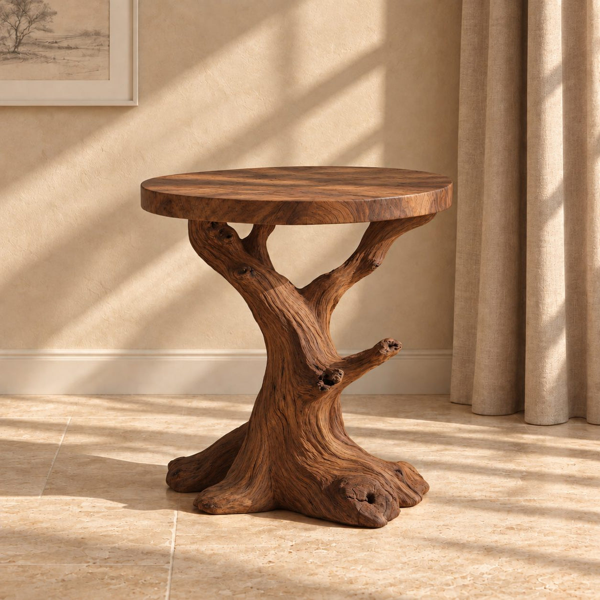 Tree Trunk End Table with Round Top, Natural Branch Solid Wood Side Table for Living Room