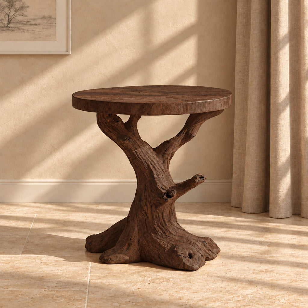 Tree Trunk End Table with Round Top, Natural Branch Solid Wood Side Table for Living Room