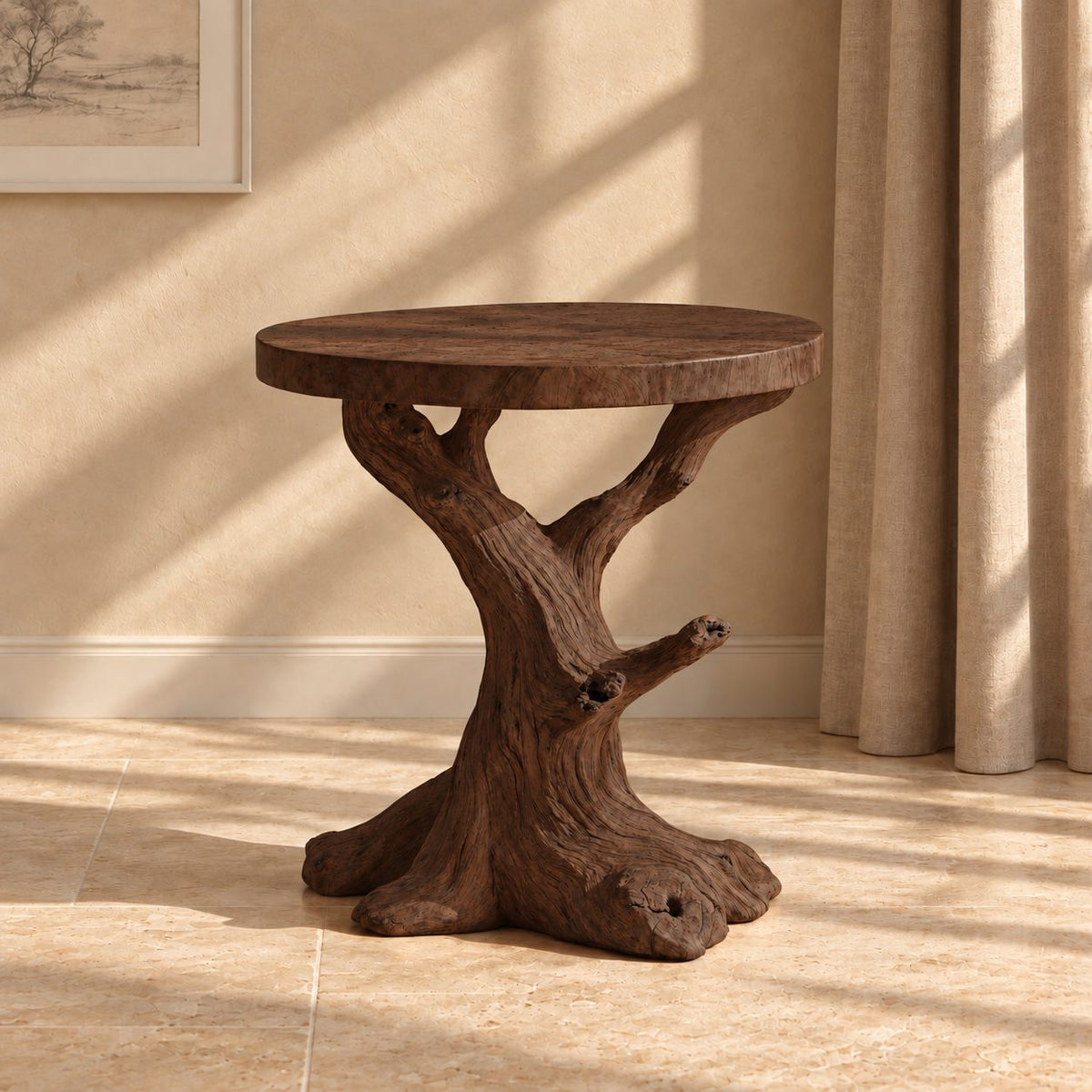 Tree Trunk End Table with Round Top, Natural Branch Solid Wood Side Table for Living Room