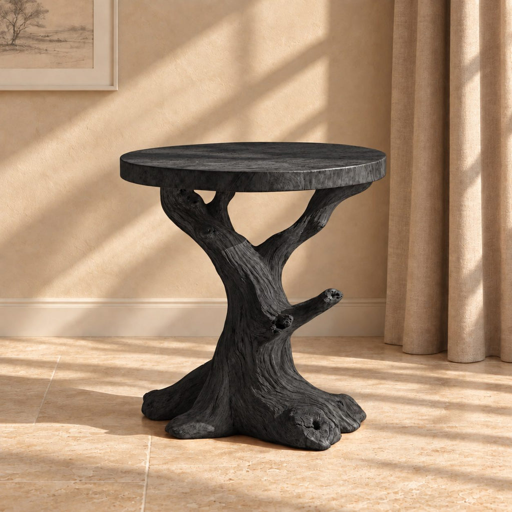 Tree Trunk End Table with Round Top, Natural Branch Solid Wood Side Table for Living Room