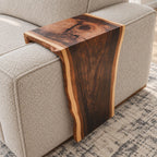 Sofa Arm Table with Natural Edge Drop Panel, Solid Wood Couch Armrest Tray for Living Room