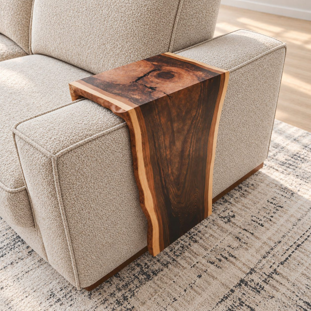 Sofa Arm Table with Natural Edge Drop Panel, Solid Wood Couch Armrest Tray for Living Room