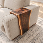 Sofa Arm Table with Natural Edge Drop Panel, Solid Wood Couch Armrest Tray for Living Room