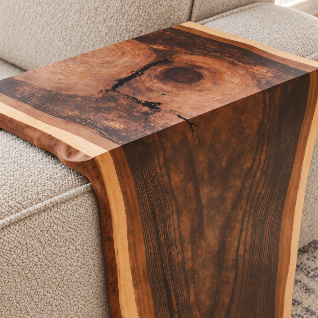 Sofa Arm Table with Natural Edge Drop Panel, Solid Wood Couch Armrest Tray for Living Room