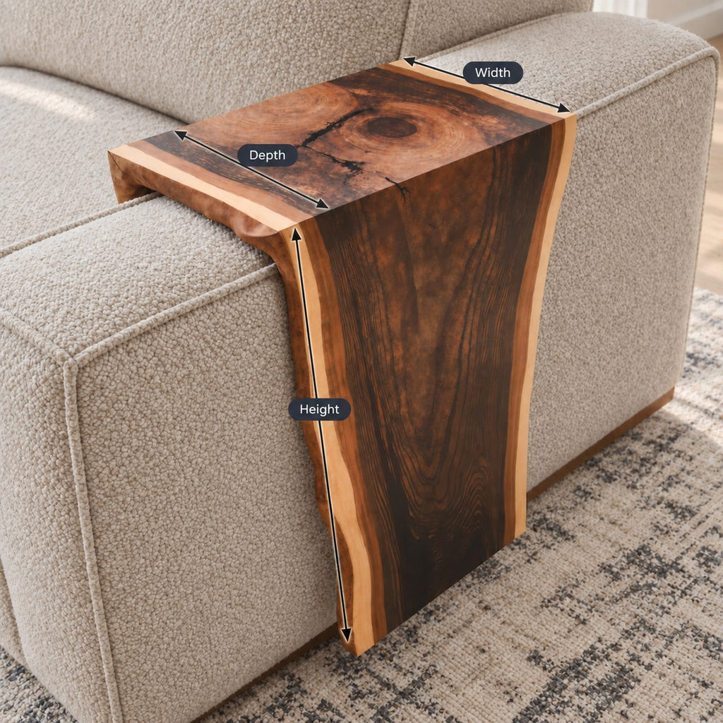 Sofa Arm Table with Natural Edge Drop Panel, Solid Wood Couch Armrest Tray for Living Room