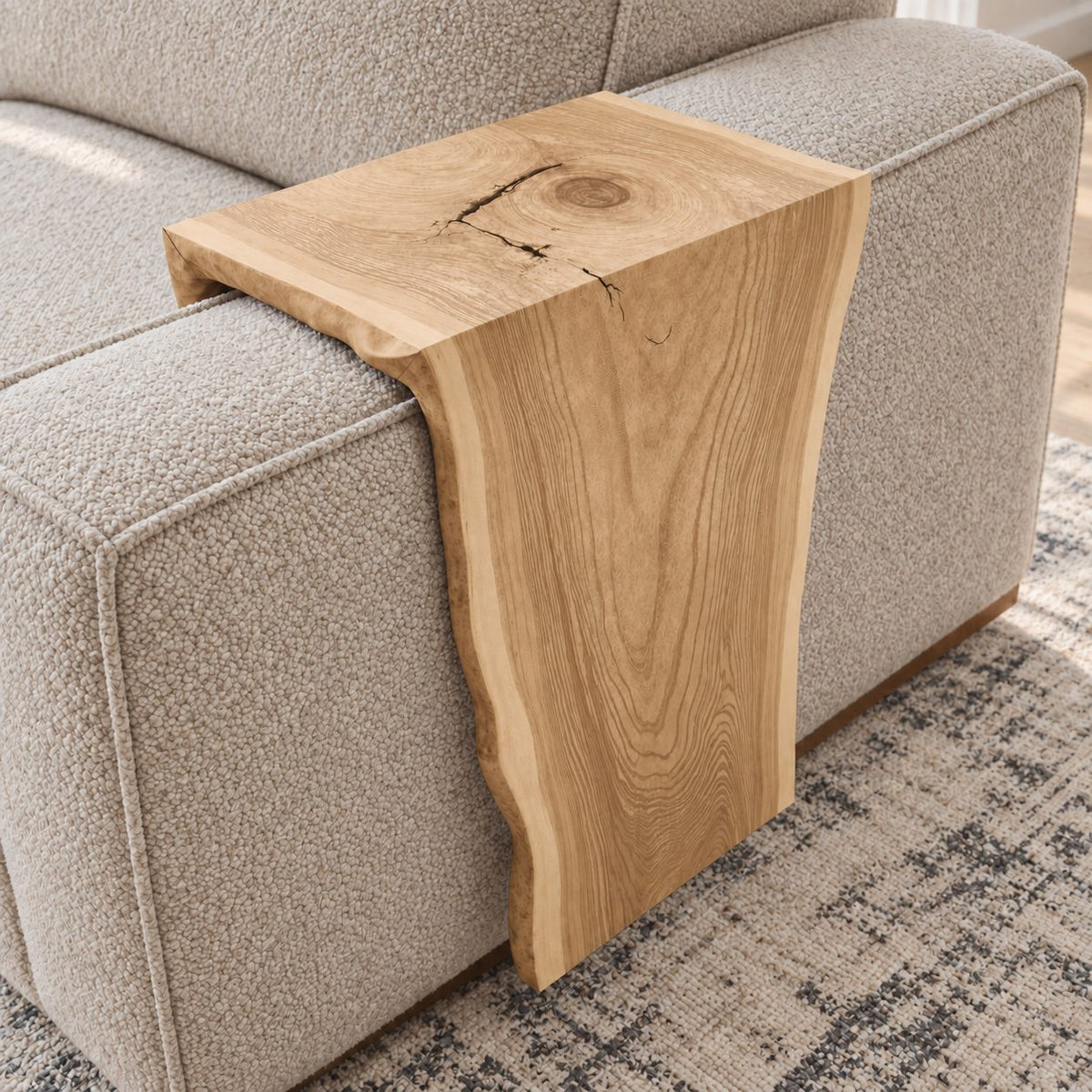 Sofa Arm Table with Natural Edge Drop Panel, Solid Wood Couch Armrest Tray for Living Room