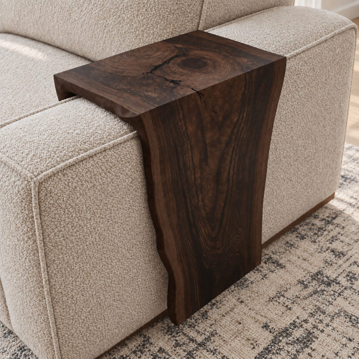 Sofa Arm Table with Natural Edge Drop Panel, Solid Wood Couch Armrest Tray for Living Room