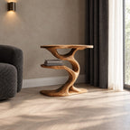 Tree Side Table with Lower Shelf, Sculptural Branch Solid Wood End Table for Living Room Sofa