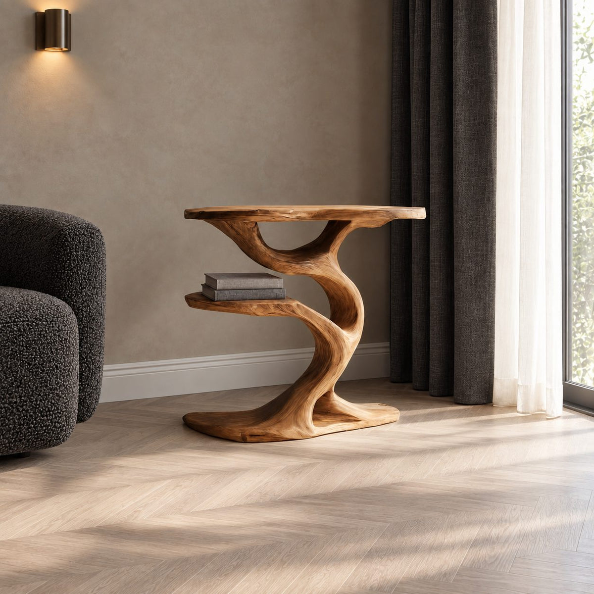 Tree Side Table with Lower Shelf, Sculptural Branch Solid Wood End Table for Living Room Sofa
