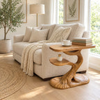 Tree Side Table with Lower Shelf, Sculptural Branch Solid Wood End Table for Living Room Sofa