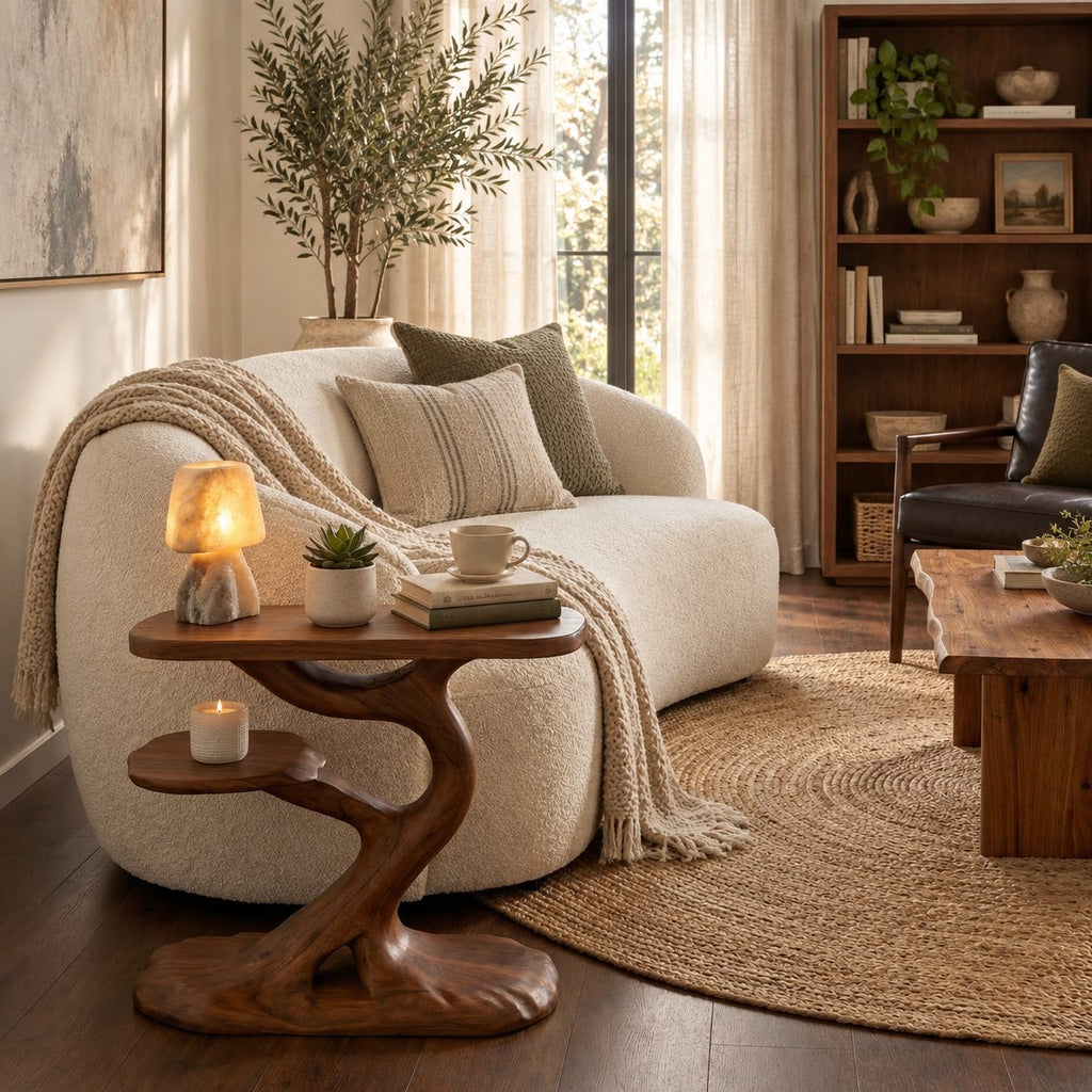 Tree Side Table with Lower Shelf, Sculptural Branch Solid Wood End Table for Living Room Sofa