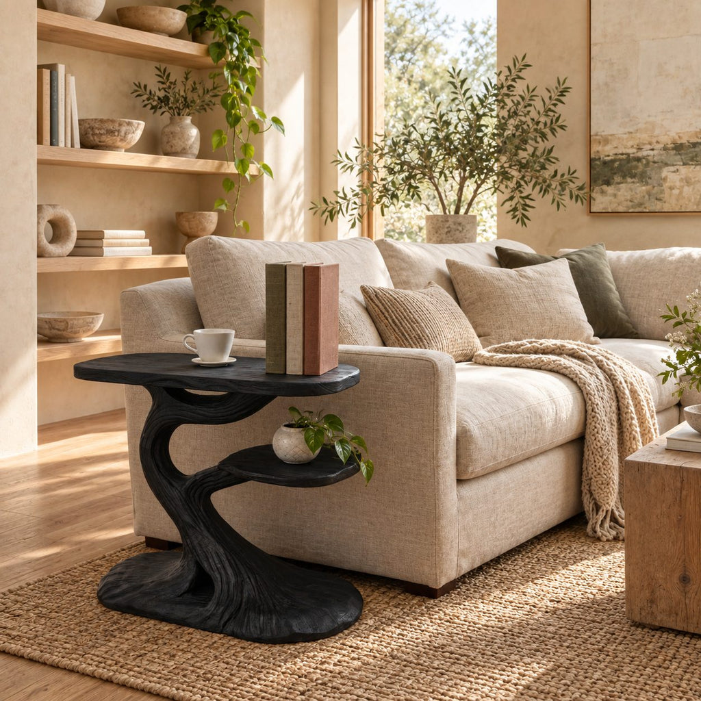 Tree Side Table with Lower Shelf, Sculptural Branch Solid Wood End Table for Living Room Sofa