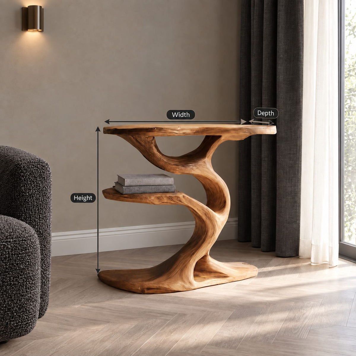 Tree Side Table with Lower Shelf, Sculptural Branch Solid Wood End Table for Living Room Sofa
