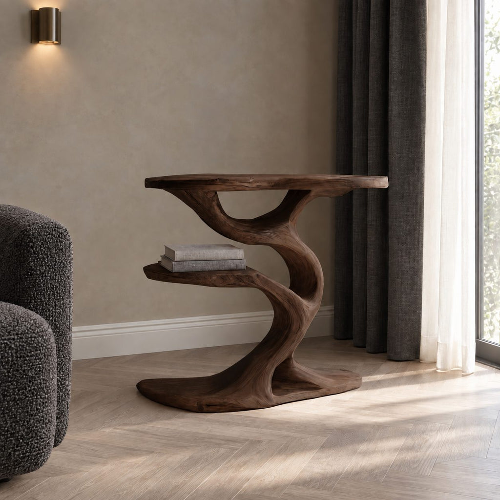 Tree Side Table with Lower Shelf, Sculptural Branch Solid Wood End Table for Living Room Sofa
