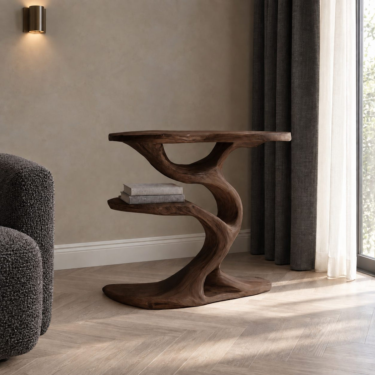 Tree Side Table with Lower Shelf, Sculptural Branch Solid Wood End Table for Living Room Sofa