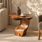 Sculptural S-Curve Side Table with Natural Edge Top, Carved Solid Wood End Table for Living Room