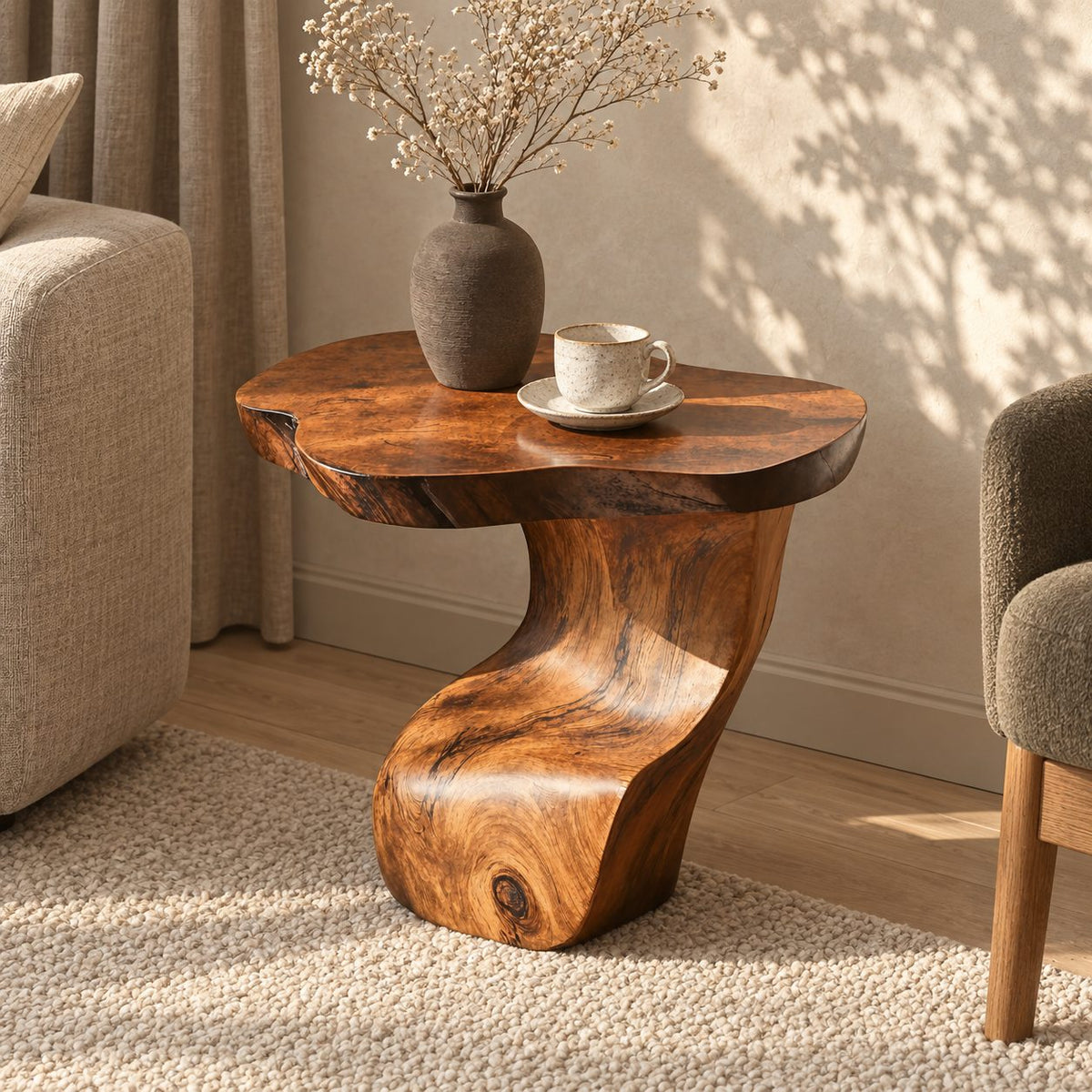Sculptural S-Curve Side Table with Natural Edge Top, Carved Solid Wood End Table for Living Room