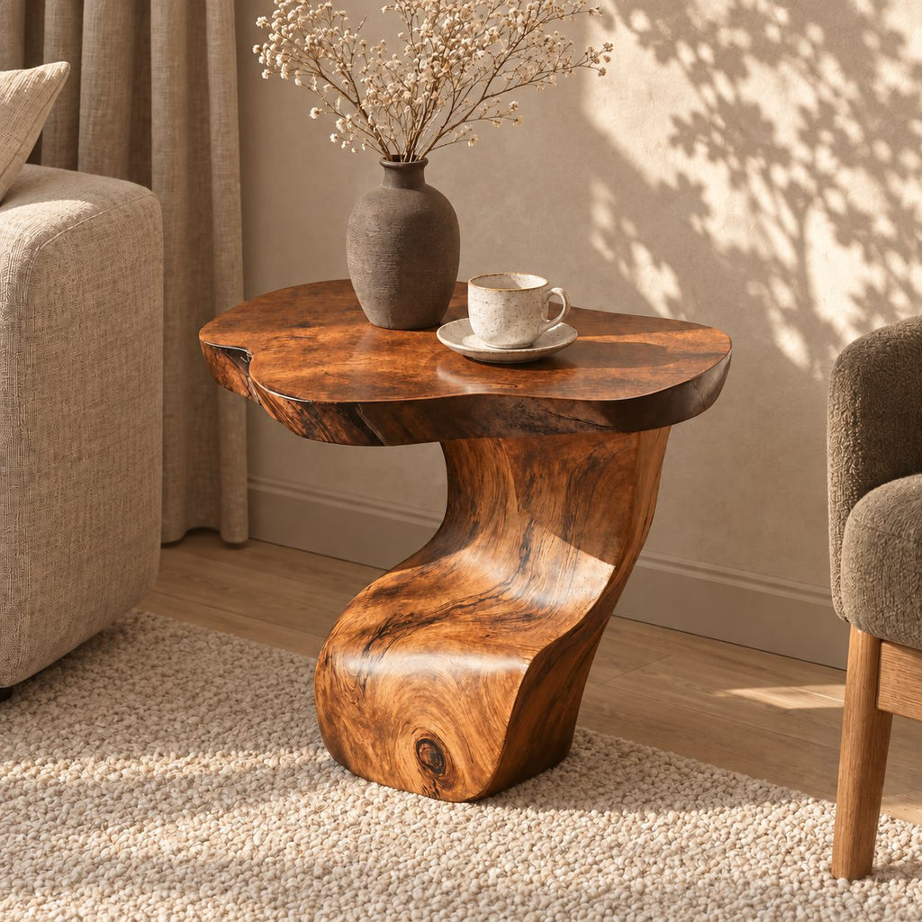 Sculptural S-Curve Side Table with Natural Edge Top, Carved Solid Wood End Table for Living Room