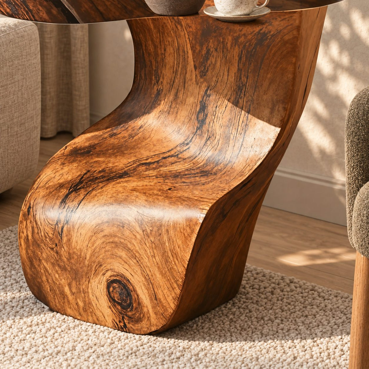 Sculptural S-Curve Side Table with Natural Edge Top, Carved Solid Wood End Table for Living Room