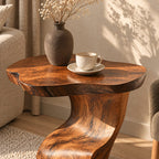 Sculptural S-Curve Side Table with Natural Edge Top, Carved Solid Wood End Table for Living Room