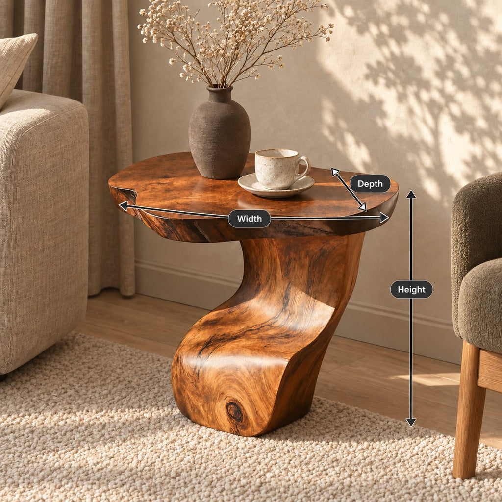 Sculptural S-Curve Side Table with Natural Edge Top, Carved Solid Wood End Table for Living Room
