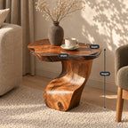 Sculptural S-Curve Side Table with Natural Edge Top, Carved Solid Wood End Table for Living Room