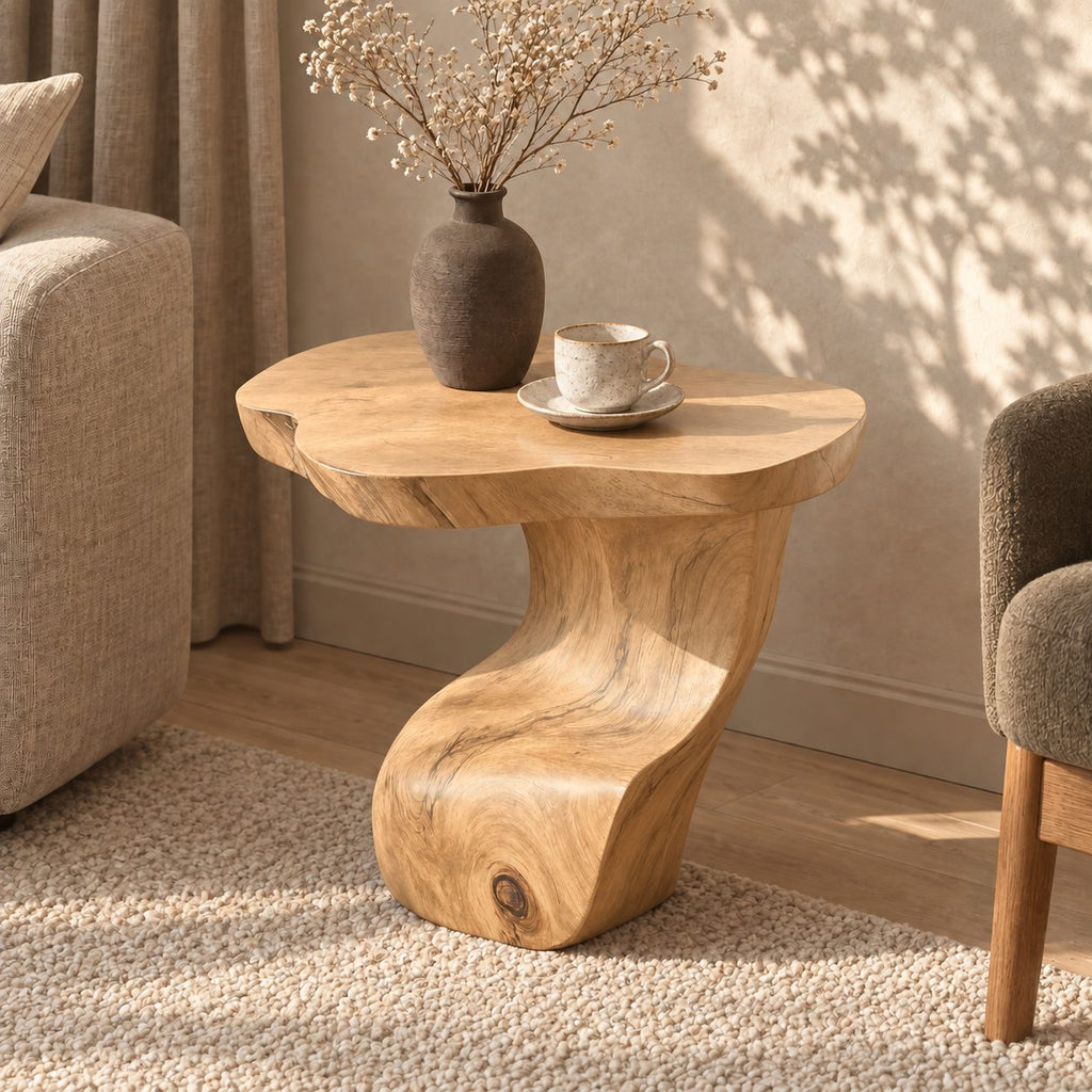 Sculptural S-Curve Side Table with Natural Edge Top, Carved Solid Wood End Table for Living Room