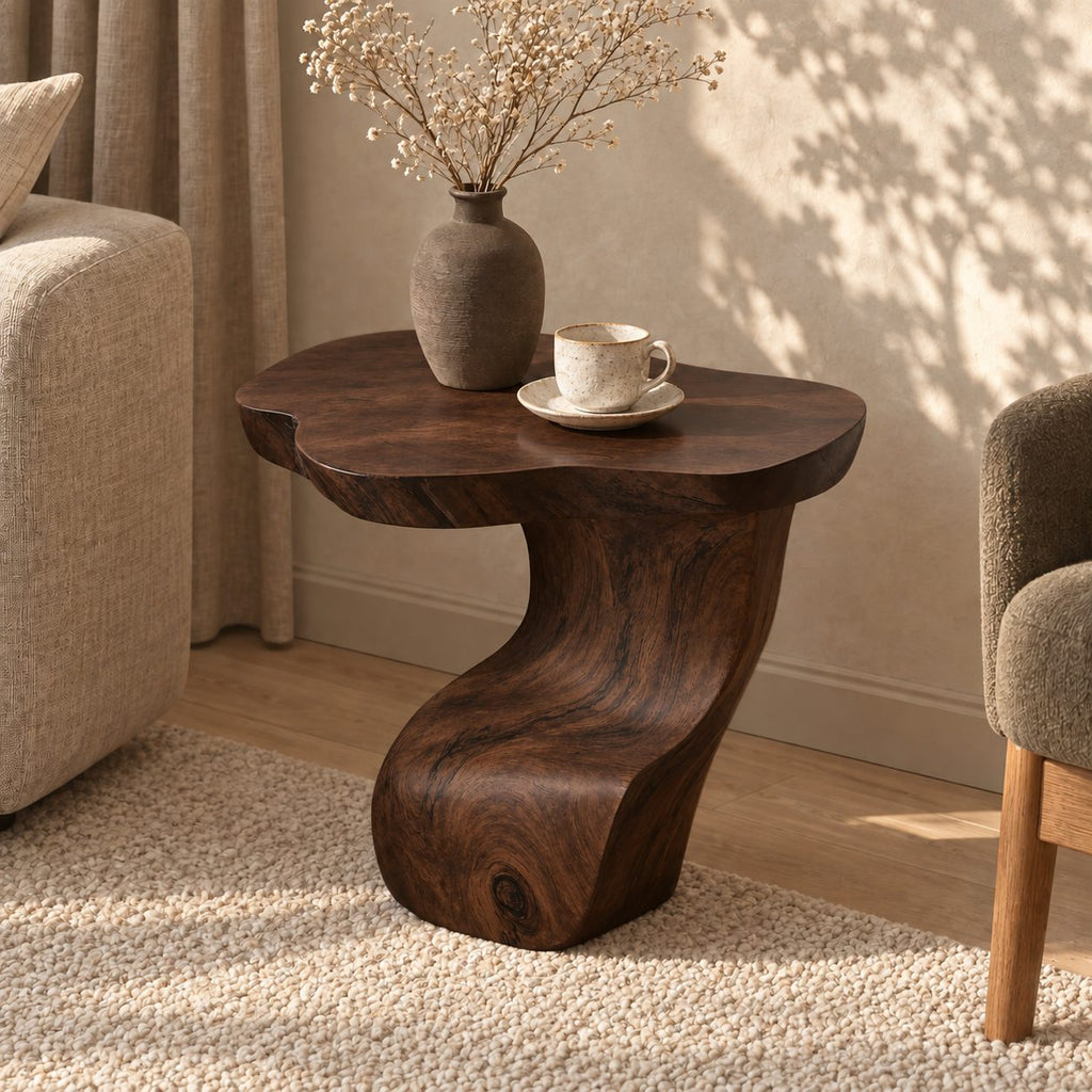 Sculptural S-Curve Side Table with Natural Edge Top, Carved Solid Wood End Table for Living Room