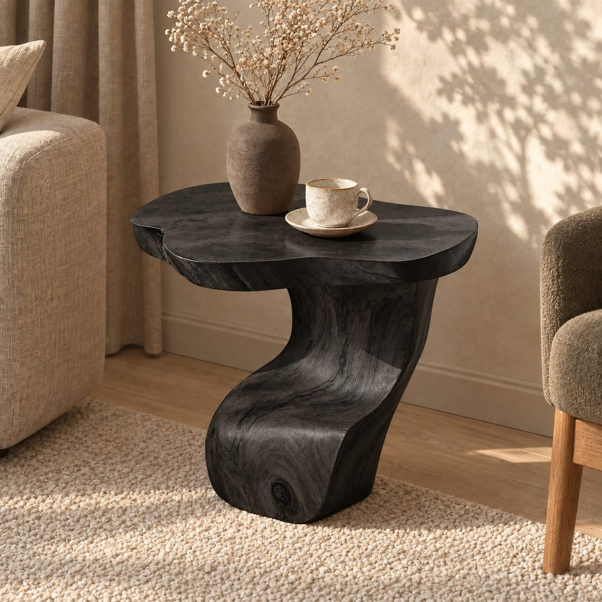 Sculptural S-Curve Side Table with Natural Edge Top, Carved Solid Wood End Table for Living Room