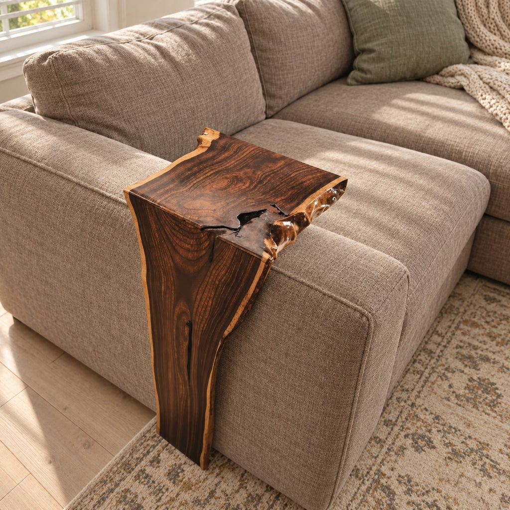 Live Edge Sofa Armrest Table with Long Drop Panel, Waterfall Solid Wood Couch Arm Tray for Living Room