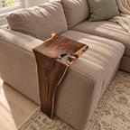 Live Edge Sofa Armrest Table with Long Drop Panel, Waterfall Solid Wood Couch Arm Tray for Living Room