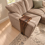 Live Edge Sofa Armrest Table with Long Drop Panel, Waterfall Solid Wood Couch Arm Tray for Living Room