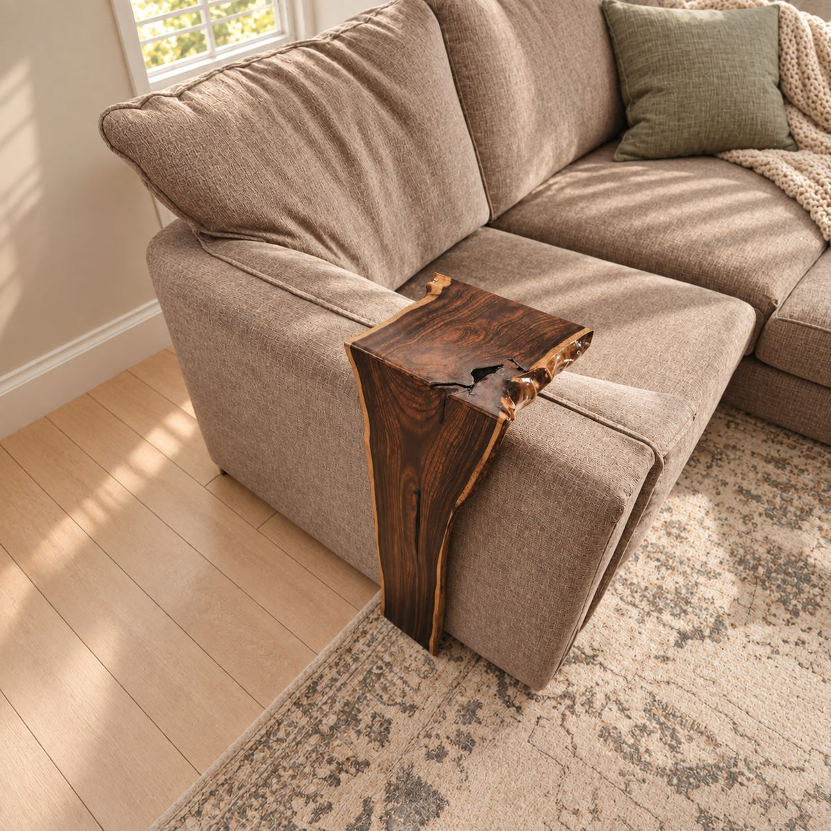 Live Edge Sofa Armrest Table with Long Drop Panel, Waterfall Solid Wood Couch Arm Tray for Living Room