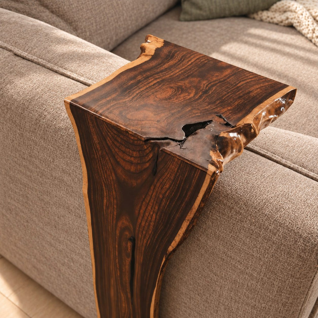 Live Edge Sofa Armrest Table with Long Drop Panel, Waterfall Solid Wood Couch Arm Tray for Living Room