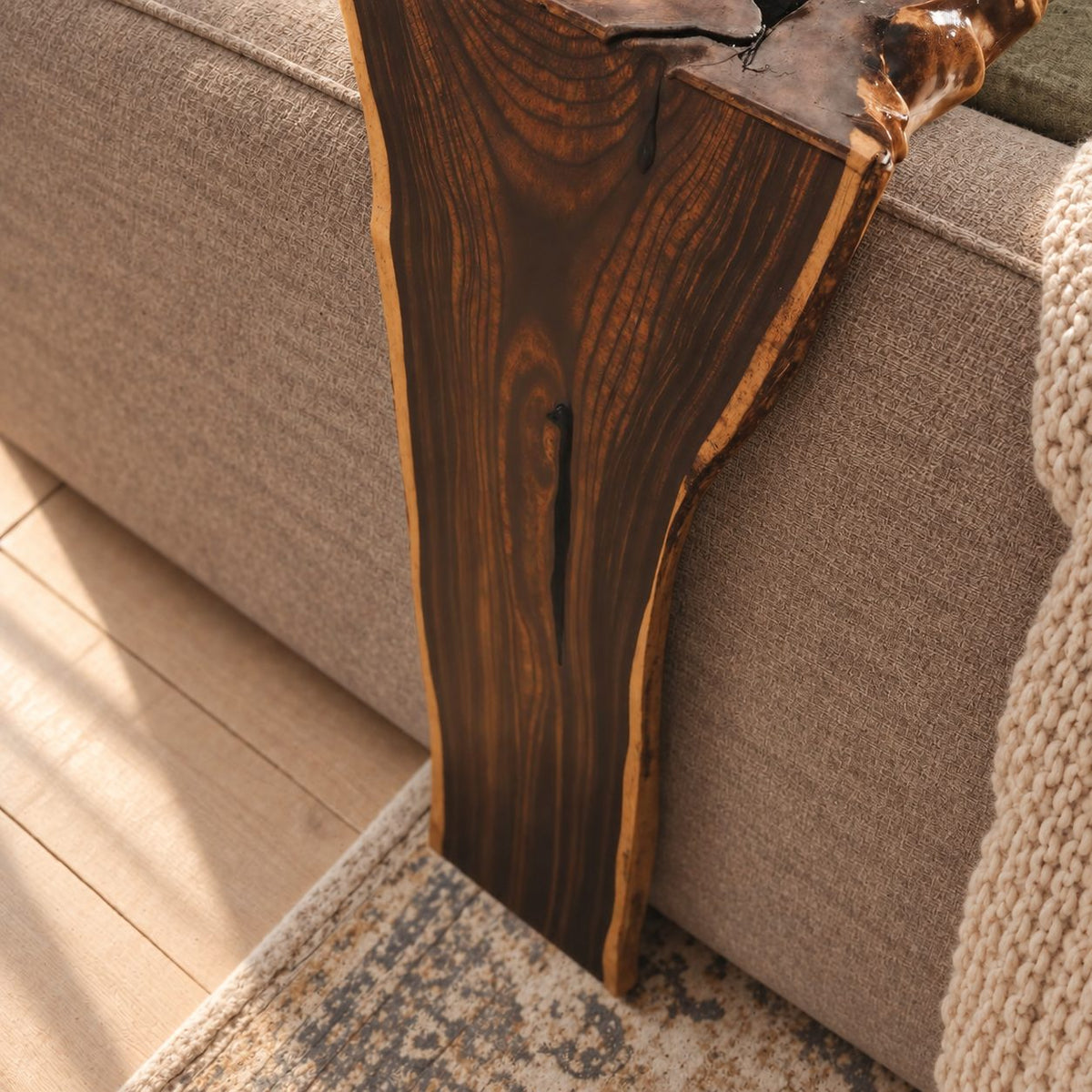 Live Edge Sofa Armrest Table with Long Drop Panel, Waterfall Solid Wood Couch Arm Tray for Living Room