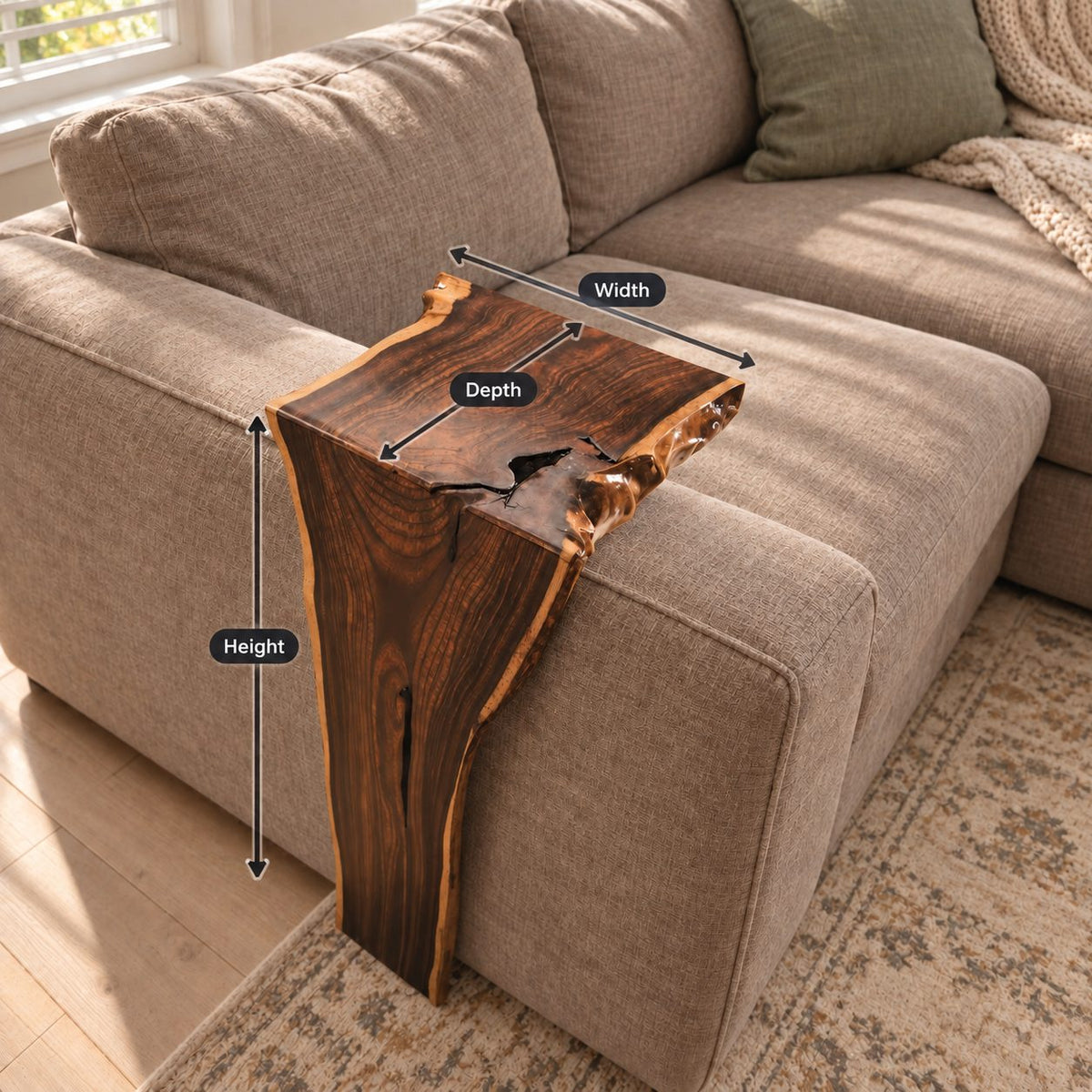 Live Edge Sofa Armrest Table with Long Drop Panel, Waterfall Solid Wood Couch Arm Tray for Living Room