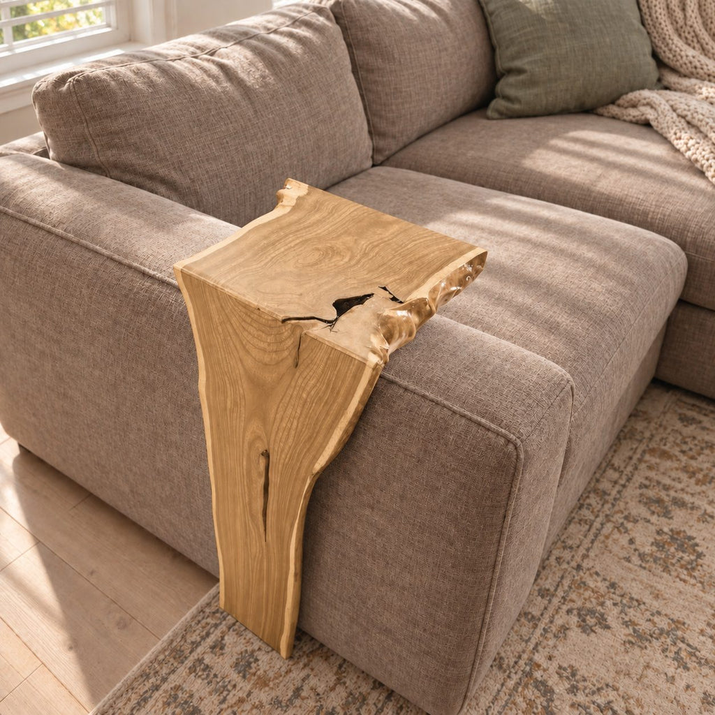 Live Edge Sofa Armrest Table with Long Drop Panel, Waterfall Solid Wood Couch Arm Tray for Living Room