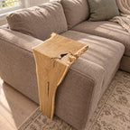 Live Edge Sofa Armrest Table with Long Drop Panel, Waterfall Solid Wood Couch Arm Tray for Living Room
