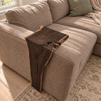 Live Edge Sofa Armrest Table with Long Drop Panel, Waterfall Solid Wood Couch Arm Tray for Living Room