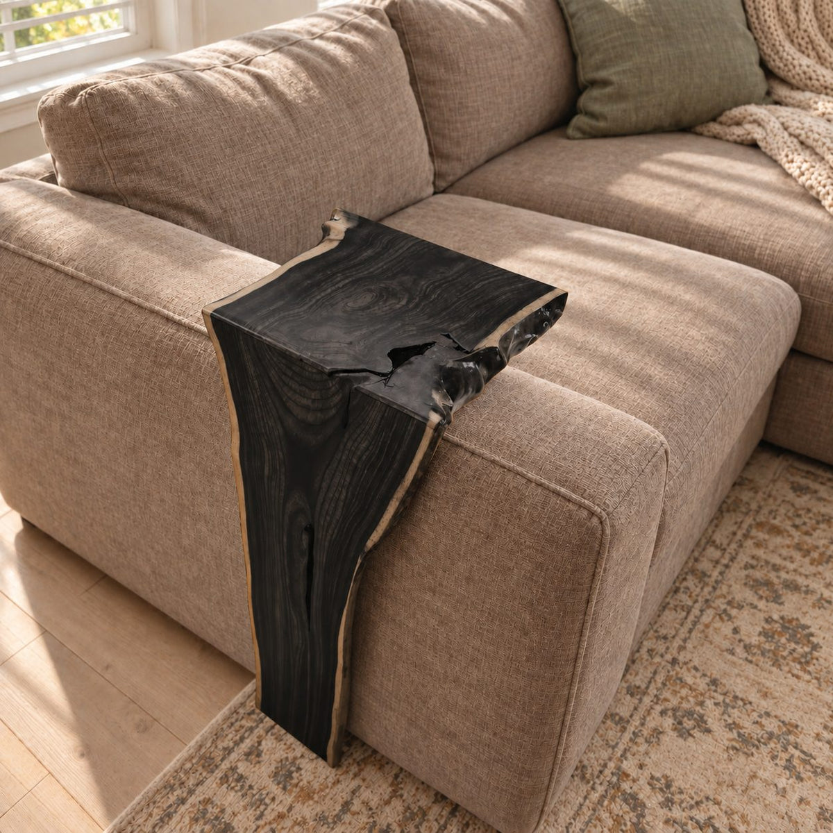 Live Edge Sofa Armrest Table with Long Drop Panel, Waterfall Solid Wood Couch Arm Tray for Living Room