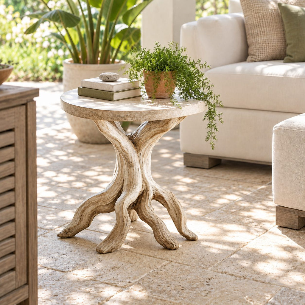 Driftwood End Table with Round Top, Twisted Branch Leg Solid Wood Side Table for Living Room and Patio
