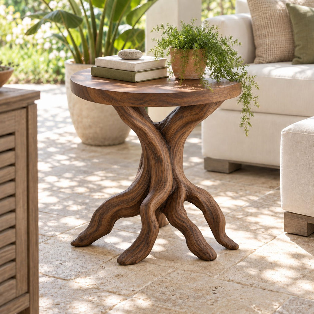 Driftwood End Table with Round Top, Twisted Branch Leg Solid Wood Side Table for Living Room and Patio