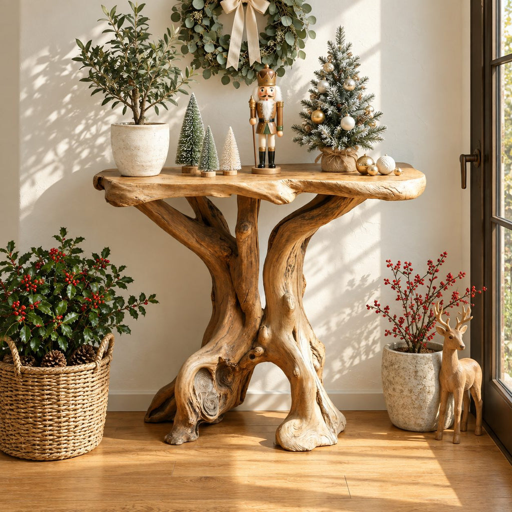 Driftwood Side Table with Natural Edge Slab Top, Twin Trunk Solid Wood Accent Table for Living Room