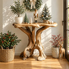 Driftwood Side Table with Natural Edge Slab Top, Twin Trunk Solid Wood Accent Table for Living Room