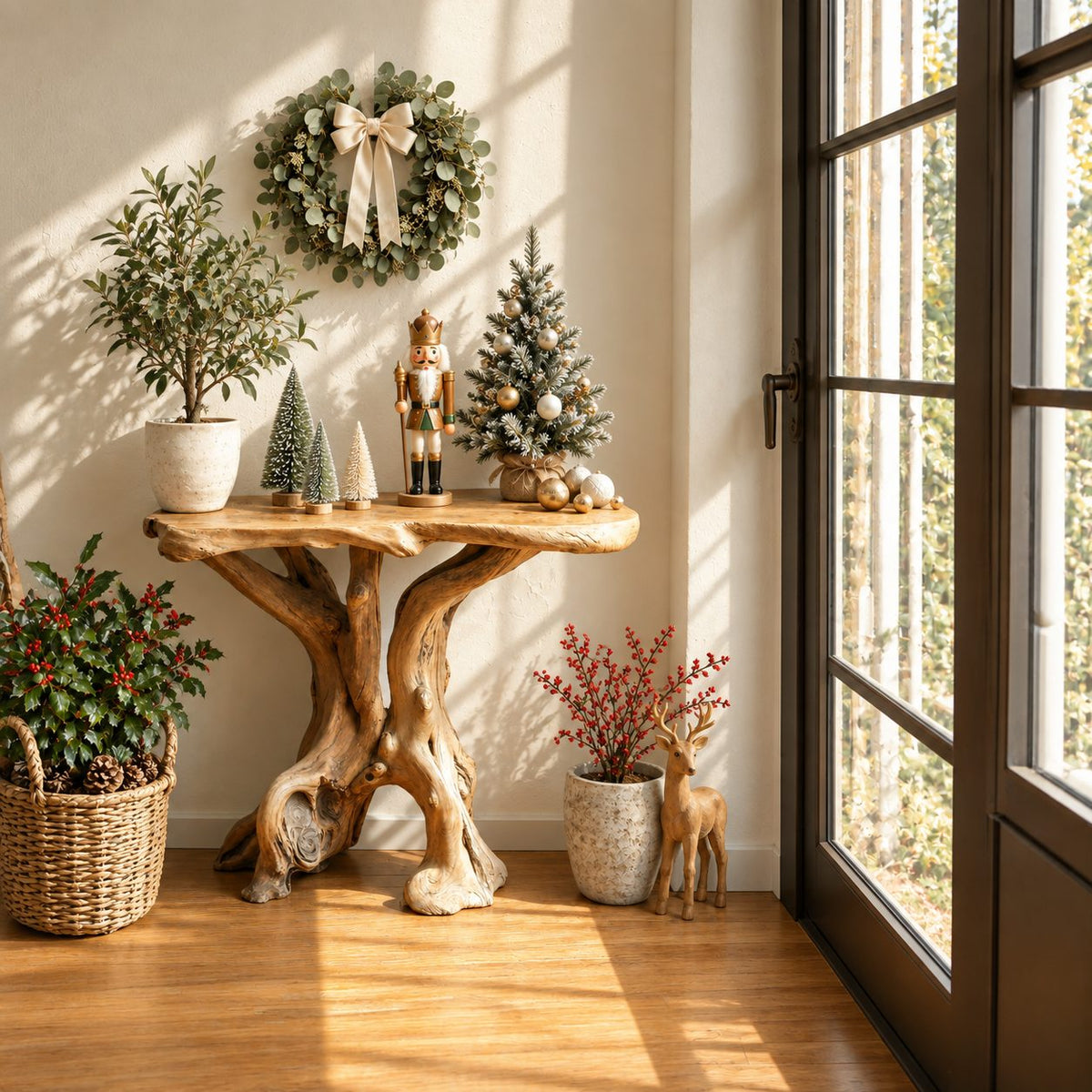 Driftwood Side Table with Natural Edge Slab Top, Twin Trunk Solid Wood Accent Table for Living Room