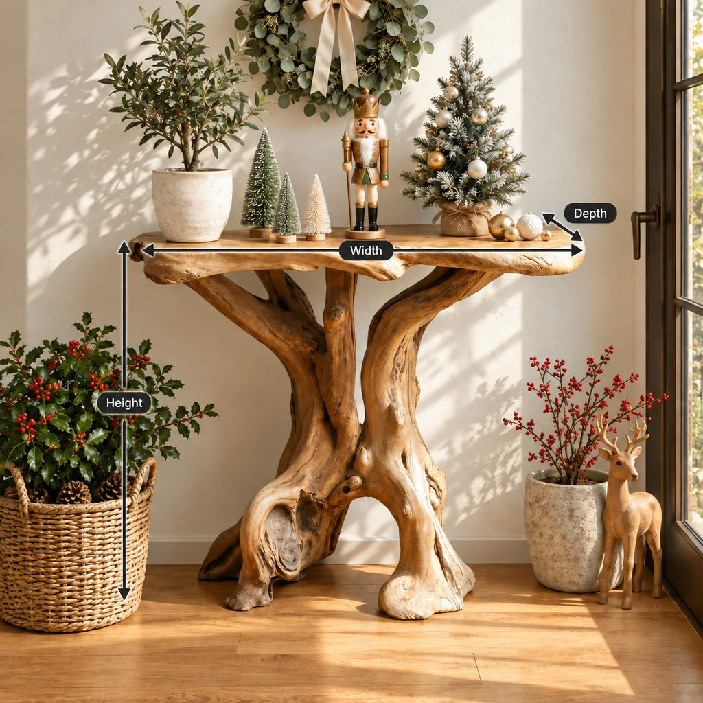 Driftwood Side Table with Natural Edge Slab Top, Twin Trunk Solid Wood Accent Table for Living Room