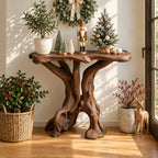 Driftwood Side Table with Natural Edge Slab Top, Twin Trunk Solid Wood Accent Table for Living Room