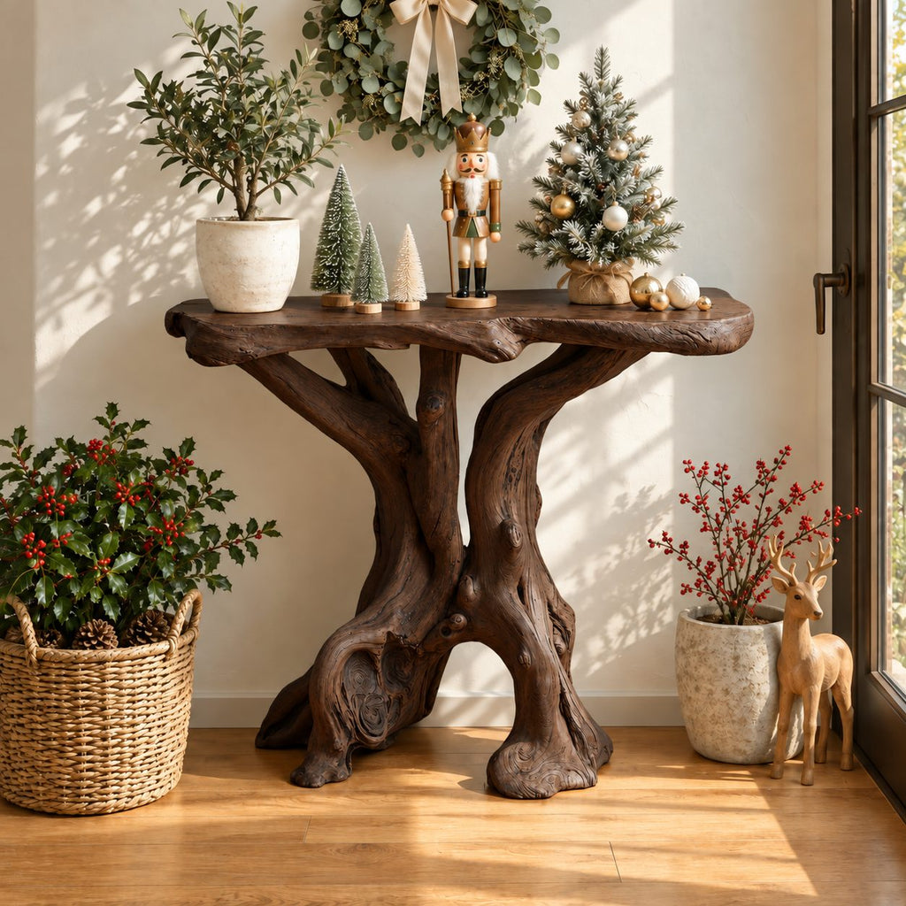 Driftwood Side Table with Natural Edge Slab Top, Twin Trunk Solid Wood Accent Table for Living Room