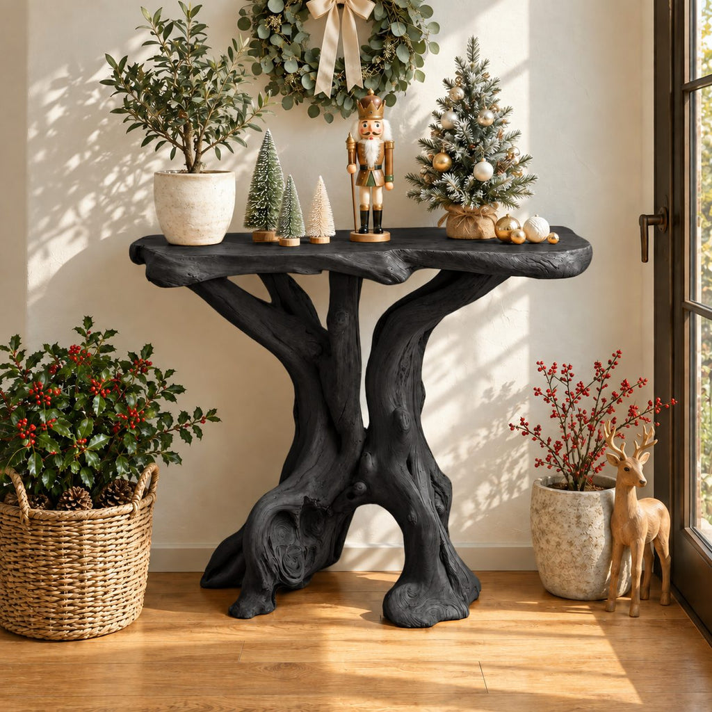 Driftwood Side Table with Natural Edge Slab Top, Twin Trunk Solid Wood Accent Table for Living Room